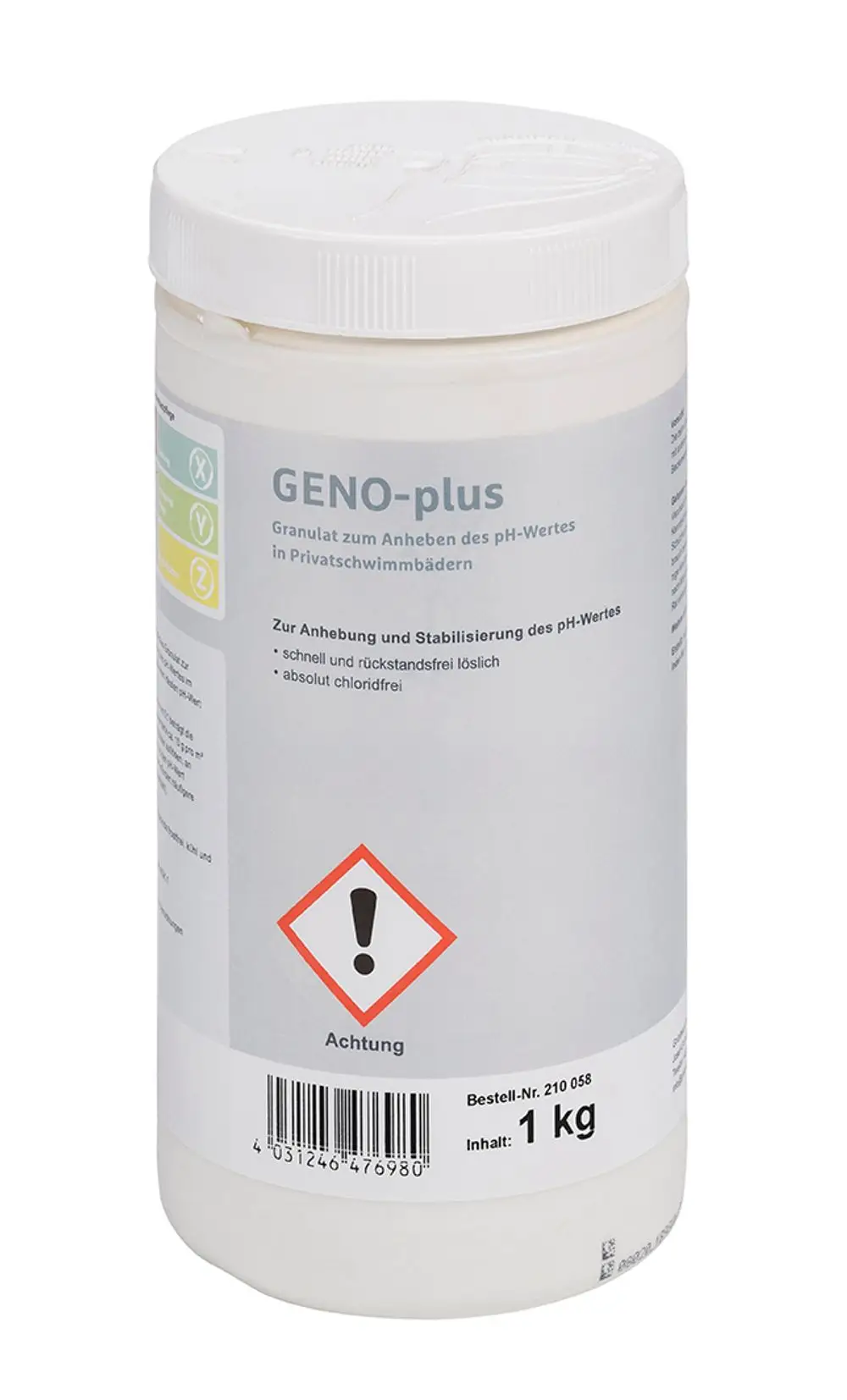 Weißer Kunststoffbehälter mit einem Warnsymbol, beschriftet mit Informationen zur Anwendung zur pH-Wert-Anhebung in Schwimmbecken. Produkt von Grünbeck.  Inhalt 1 kg.